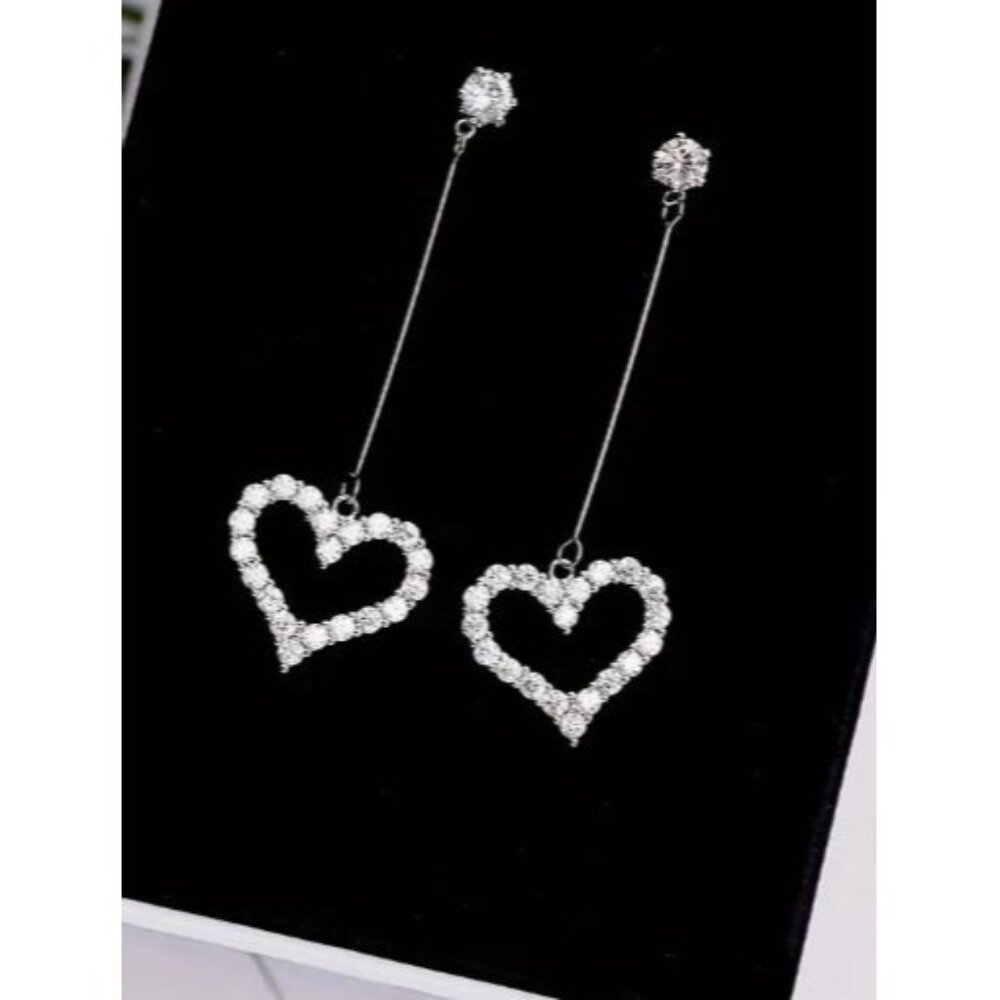 Silver-Tone Rhinestone‎ Heart Dangling Earrings